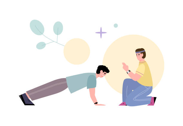 ilustrações de stock, clip art, desenhos animados e ícones de young man does push-ups or plank under guidance of personal sport coach. - exercising men push ups muscular build