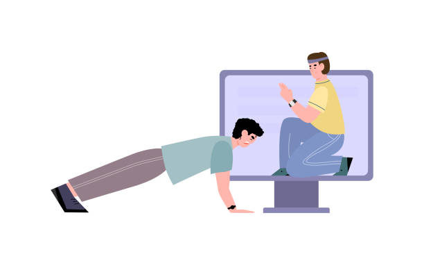 ilustrações de stock, clip art, desenhos animados e ícones de sport coach on screen training online of young man who does push-ups or plank. - secrecy instructor exercising individuality