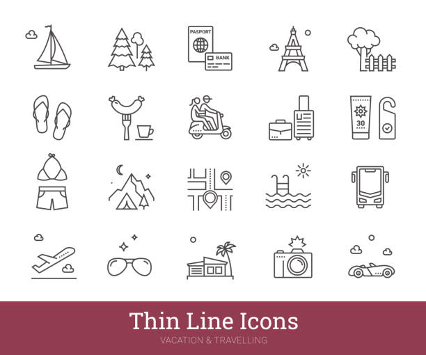 Traveling, Road Trip, Summer Holidays Thin Line Icons. Vector Clip Art Collection Isolated On White Background. Editable strokes. Traveling, vacation thin line icons. Tourism, transport linear vector interface pictograms for social network, web service, mobile app. Vector set include icons: travel destination, road trip, summer holidays, landmarks, vacation, sea journey pictogram etc. Editable strokes. eiffel tower restaurant stock illustrations