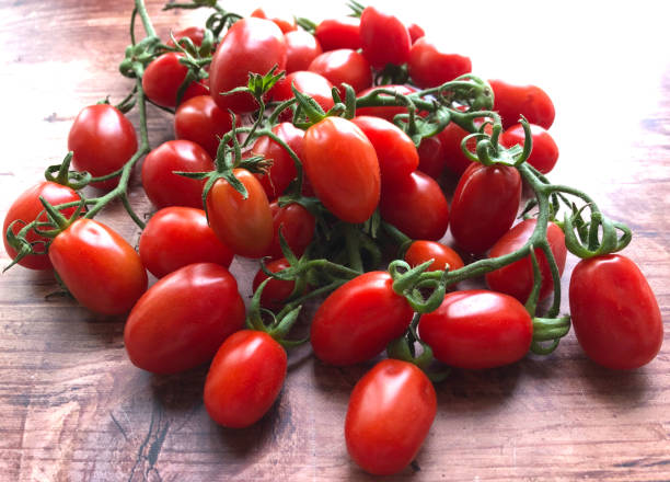 tomates frescos, orgánicos, aromáticos de ciruela o cherry en la vid. tomates datterini sicilianos. - tomatoes on vine fotografías e imágenes de stock