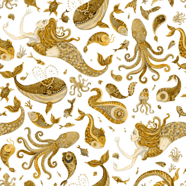 illustrations, cliparts, dessins animés et icônes de motif sans couture de l’aquarelle dorée peinte fantaisie conte de fées animaux marins et sirène isolée sur un fond blanc. - backgrounds paisley pattern sea