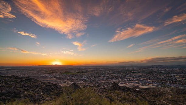 Sunset over Phoenix Arizona from South Mountain stock photo