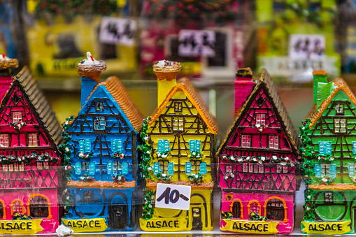 The City of Colmar France on April 22, 2014:  Gift shop selling miniature souvenir houses representative of the area in Colmar France