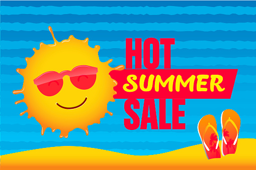 Hot summer sale banner with smiling sun in sunglasses and 
beach slippers. Vector elements for season discount flyer, promotion 
stickers, lables, web banner and poster design.