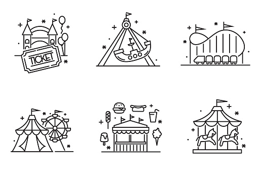 Vector illustration of a black and white line art Summer Carnival Fair, carnival tent, Ferris Wheel, Pirate Ship, Ticket entrance, rollercoaster, food stand and carousel elements thin line Icon set - editable stroke. Fully editable stroke outline for easy editing. Simple set that includes vector eps and high resolution jpg in download.