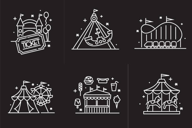 Carnival Amusement park and Fair, carnival tent, Ferris Wheel, Pirate Ship, Ticket entrance, rollercoaster, food concession stand and carousel elements thin line Icon set - editable stroke Vector illustration of a black and white line art Summer Carnival Fair, carnival tent, Ferris Wheel, Pirate Ship, Ticket entrance, rollercoaster, food stand and carousel elements thin line Icon set - editable stroke. Fully editable stroke outline for easy editing. Simple set that includes vector eps and high resolution jpg in download. carousel horse isolated stock illustrations