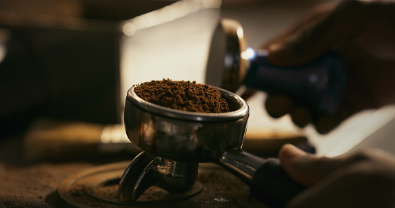 Vintage manual coffee grinder, powder and beans on grey table, flat lay. Space for text