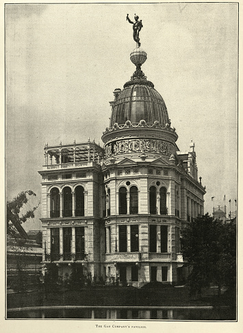 Vintage photograph Gas company's Pavilion of the Ministry of War, Exposition Universelle 1889, Paris, 19th Century