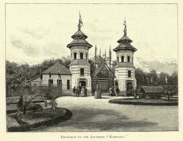 wejście do jawajskiego kampang, ekspozycja universelle 1889, paryż, xix wiek - kultura indonezyjska obrazy stock illustrations