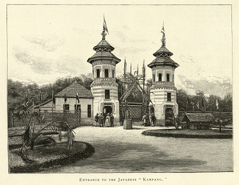 Vintage illustration of the Entrance to the Javanese Kampang, Exposition Universelle 1889, Paris, 19th Century