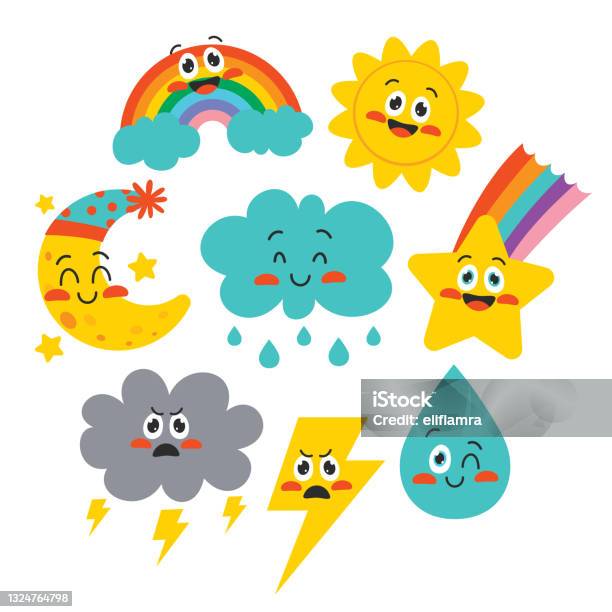 Cute Cartoon Weather Characters Posing Stock Illustration - Download Image  Now - Cartoon, Climate, Climate Change - iStock