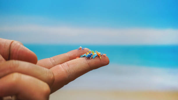 Close up side shot of microplastics on human fingers with blurred sea background. stock photo