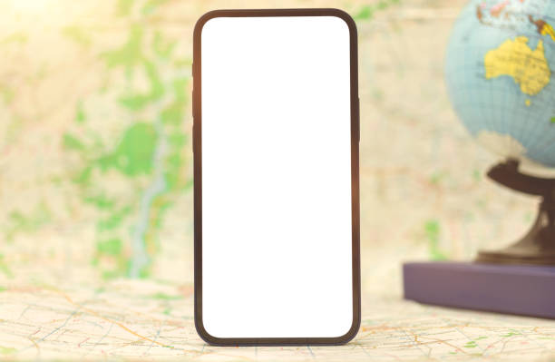 istock Map navigation mockup background with the globe and city map on the bakcground, mockup image with blank white screen 1324766494