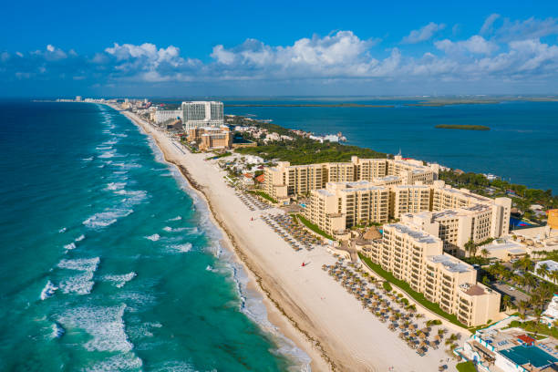 Aerial view of Cancun Panoramic aerial view of Cancun, Mexico. cancun photos stock pictures, royalty-free photos & images
