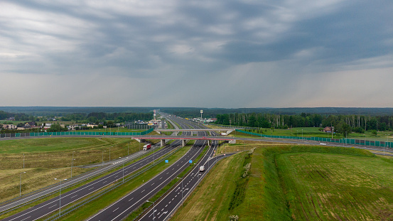 Zory, Poland - June 5, 2021: Aerial view on highway A1 officially named Amber Highway (pol. Autostrada Bursztynowa).