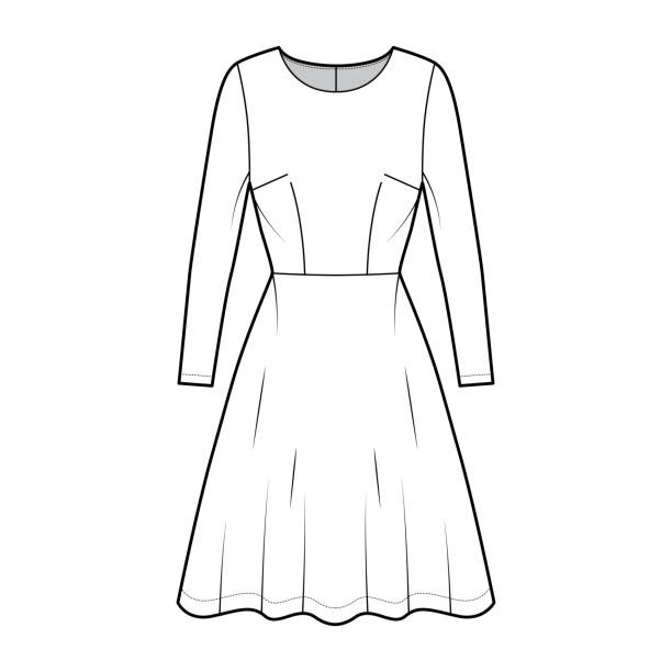 sukienka rozszerzana skater techniczne ilustracja mody z długimi rękawami, dopasowane ciało, długość kolana półokrągłe spódnica. płaski - lace black lingerie textile stock illustrations