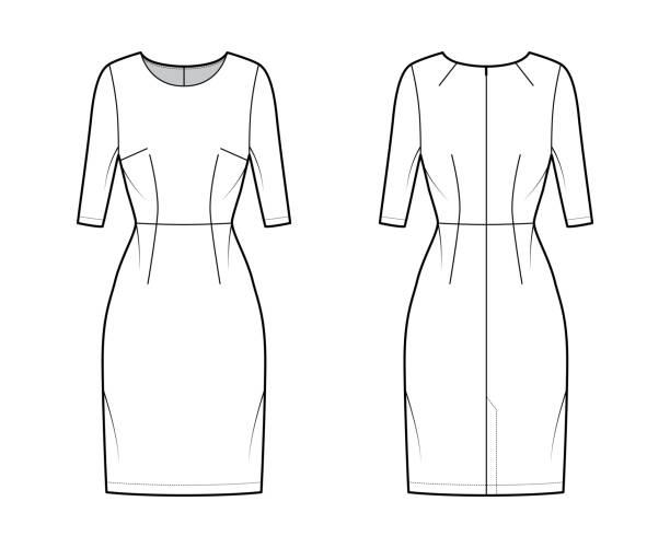 sukienka pochwa techniczna ilustracja mody z naturalną talią, dopasowanym ciałem, spódnica ołówkowa do kolan płaska odzież - lace black lingerie textile stock illustrations