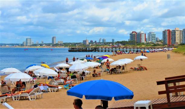 People relaxing on the Punta del Este beach. Punta del Este, Uruguay - January 18, 2018. People relaxing on the beach. playas del este stock pictures, royalty-free photos & images