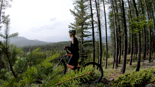 istock Female mountain biker follows forest trail 1324777821