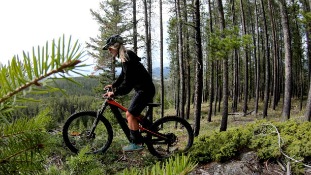 istock Female mountain biker follows forest trail 1324777866