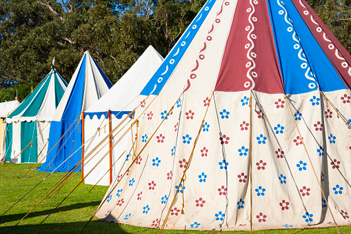 Row of Colourful Medieval tents on grass and trees in background at a Renaissance fair.