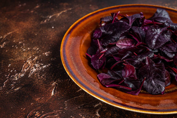 rubi cru ou salada de acelga vermelha folhas em um prato rústico. fundo escuro. vista superior. copiar espaço - ruby red chard - fotografias e filmes do acervo