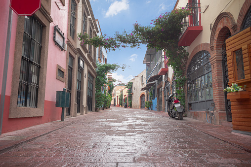 beautiful street of a magical town in Tequisquiapan Queretaro Mexico, blue sky, no people