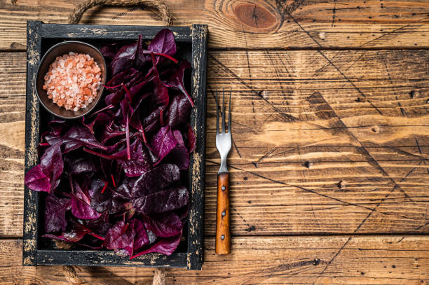 rubi suíço cru fresco ou salada de acelga vermelha leafs em uma bandeja de madeira. fundo de madeira. vista superior. copiar espaço - ruby red chard - fotografias e filmes do acervo