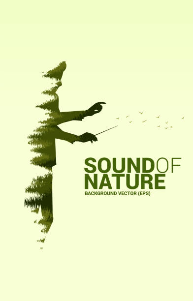 Vector Music orchestra conductor with green forest. background concept for music for natural and spring time. conductor baton stock illustrations