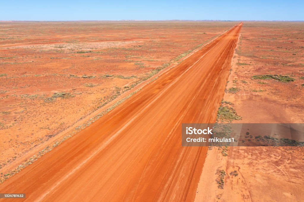 Aerial view of red centre desert region, straight road, South Australia Aerial view of red centre desert region with straight road at Coober Pedy, South Australia, with straight dirt road. Australia Stock Photo