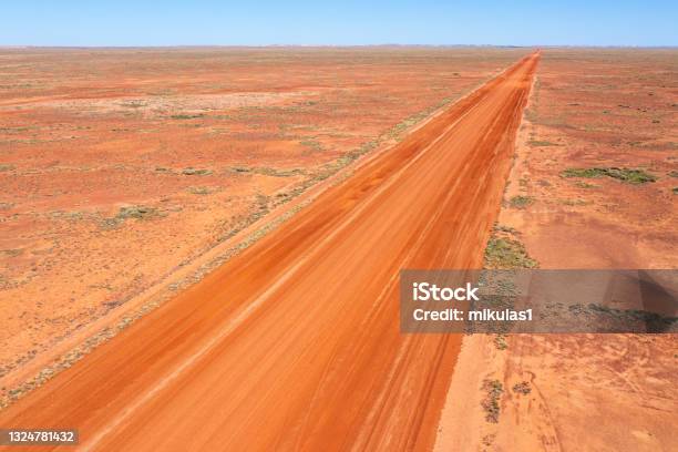 Aerial View Of Red Centre Desert Region Straight Road South Australia Stock Photo - Download Image Now