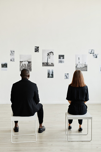 Graphic back view at elegant couple looking at black and white photographs in modern art gallery, copy space