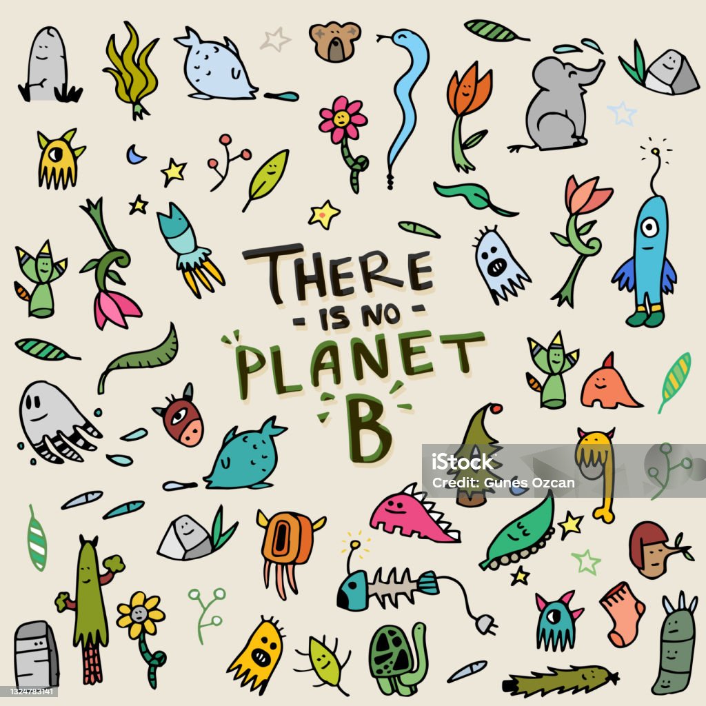 There Is No Planet B Quirky Characters Doodle Handmade Pattern Funny  Animals And Plants Stock Illustration - Download Image Now - iStock