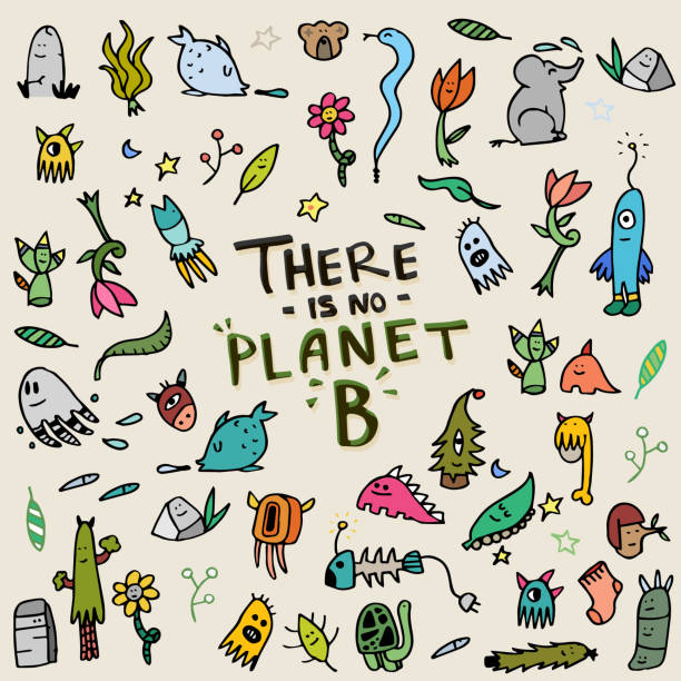 There Is No Planet B Quirky Characters Doodle Handmade Pattern Funny Animals  And Plants Stock Illustration - Download Image Now - iStock