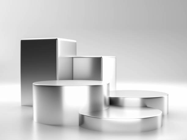 istock Empty podium 3D Product background stand or silver podium pedestal aon advertising display with blank backdrops 1324785498