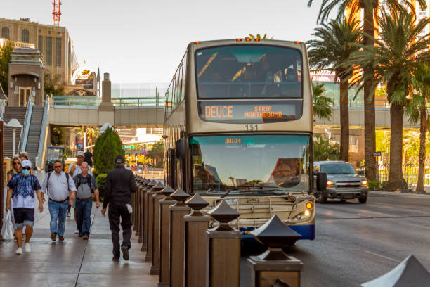 Las Vegas, NV, USA – June 8, 2021: A Las Vegas city double decker bus traveling northbound on Las Vegas Strip in Las Vegas, Nevada.