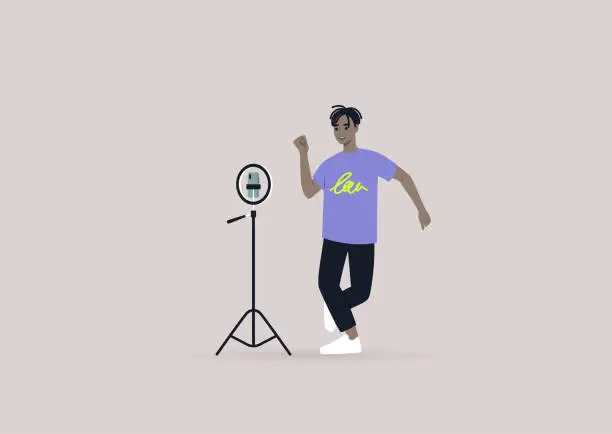 Vector illustration of A young male Black character recording a dancing challenge video with their mobile phone on a tripod, modern gen z lifestyle