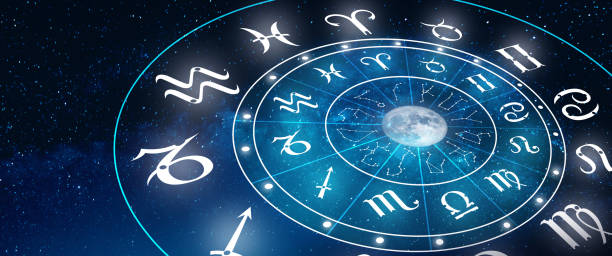Zodiac sign wheel of fortune. Astrology concept. Astrology Zodiac sign of Horoscope in deep blue the star and the moon background. Magic power of fortune in the universe Concept. astrology sign stock pictures, royalty-free photos & images