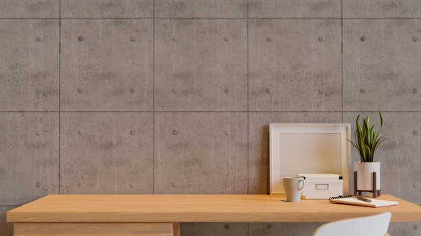 istock Workspace with decorations on the table and chair with loft wall, 3D rendering 1324806273