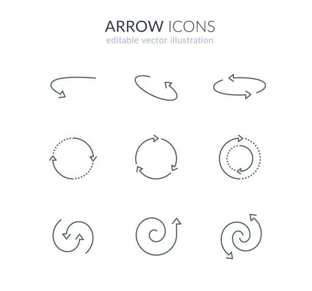 rotation arrow icon set: cycle, round, rotate, refresh, loop, spin, swirl, spiral icons simple thin line arrows for web and app. editable stroke vector illustration traffic arrow sign stock illustrations
