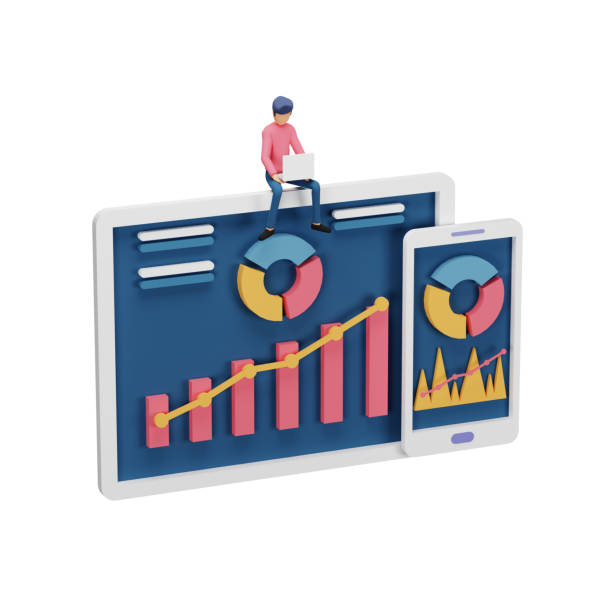 3D render of digital marketing strategy concept with tiny people character, table, graphic object on computer screen. online social media marketing modern for landing page and mobile website template render 3d del concepto de estrategia de marketing digital con personaje de gente diminuta, mesa, objeto gráfico en la pantalla del ordenador. marketing en redes sociales en línea moderno para la página de destino y la plantilla de sitio web móvil
