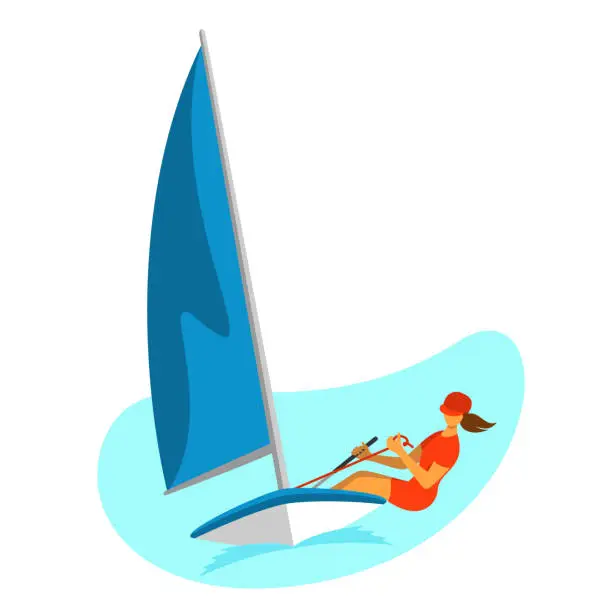 Vector illustration of Young woman in wetsuit sailing