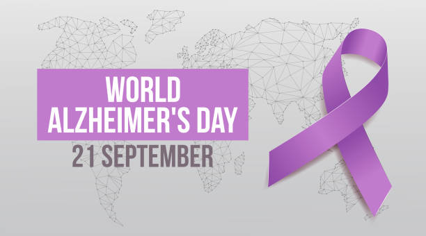 world world alzheimer's day concept. banner template with purple ribbon and text.  vector illustration. - alzheimer 幅插畫檔、美工圖案、卡通及圖標
