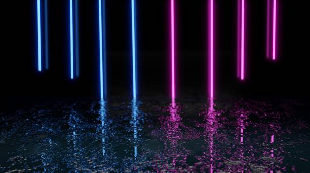 istock Futuristic purple blue neon modern laser grunge rough concrete floor. 1324809428