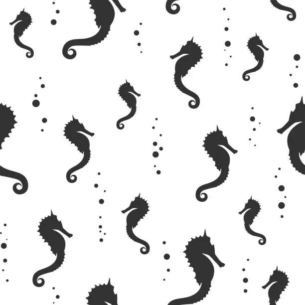 Vector illustration of Seamless pattern with black sea-horse or hippocampus on white background.