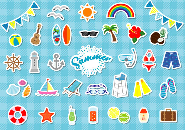 Summer various vector illustration icon set Summer vector illustration set for beaches, pools, drinks, etc. surfboard fin stock illustrations