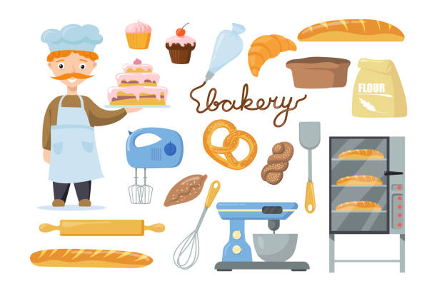 子供用ベクタイラストセット用機器付きベーカーキャラクター - baker bakery chef bread点のイラスト素材／クリップアート素材／マンガ素材／アイコン素材