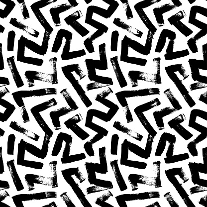 Seamless zig zag vector pattern. Abstract monochrome geometric brush strokes. Black and white hand painted ink illustration. Freehand zigzag brush strokes. Simple monochrome geometric ornament