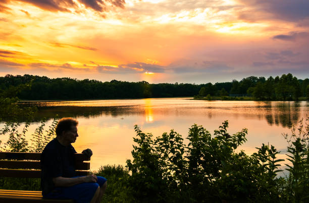 uomo più anziano seduto in panchina vicino al lago godendo del tramonto colorato - sunrise broward county florida foto e immagini stock