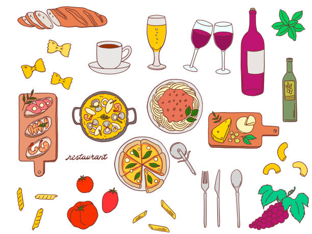 restaurant fashionable hand-painted material illustration set - fransız mutfağı stock illustrations